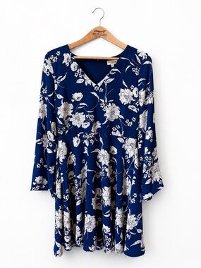 Studio B Navy Floral V-Neck Fit & Flare Dress XL Fall Autumn Wedding Office Wear